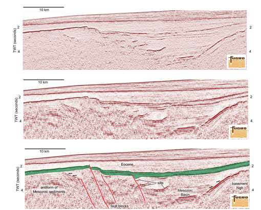Part of a regional line showing the improvements in imaging gained from reprocessing of legacy seismic data. The top image shows the result of the original, 1990s processing. The deeper structure is obscure with very little coherence of reflectors.